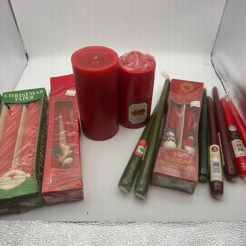 Vintage Christmas Candle Lot Red Green Taper Pillar Santa Snowman Ambria 12pc
